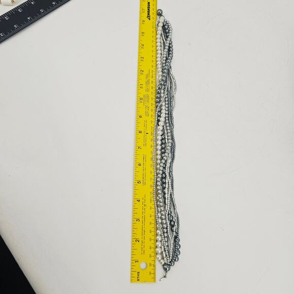 Multi Strand Beaded Faux Pearl Choker Necklace Gray White 16" - Picture 5 of 5